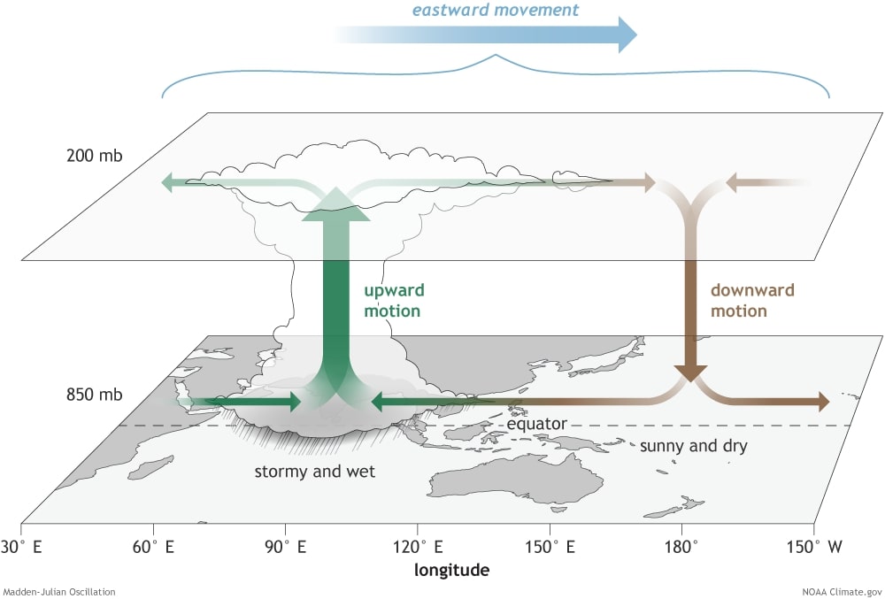 Depiction of powerful tropical thunderstorms, or "MJO's"