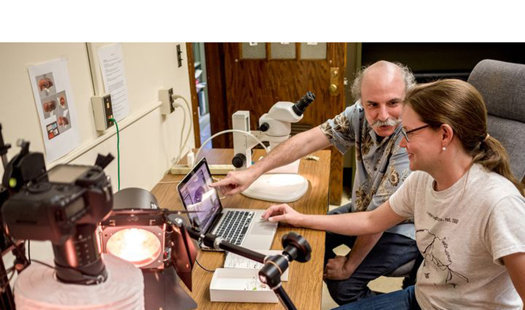 Scientists look at a computer screen.