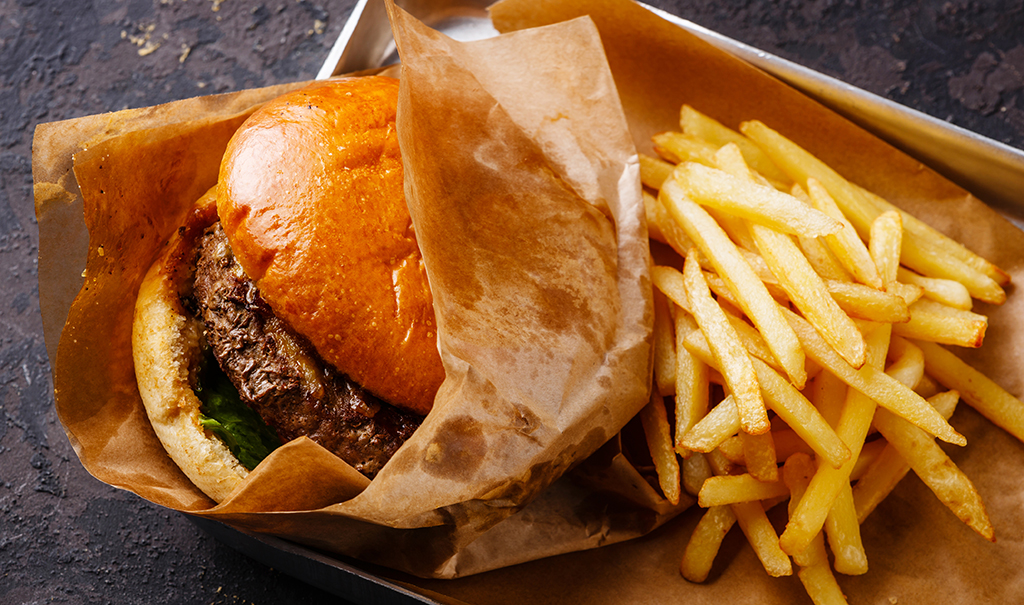 A hamburger and fries.