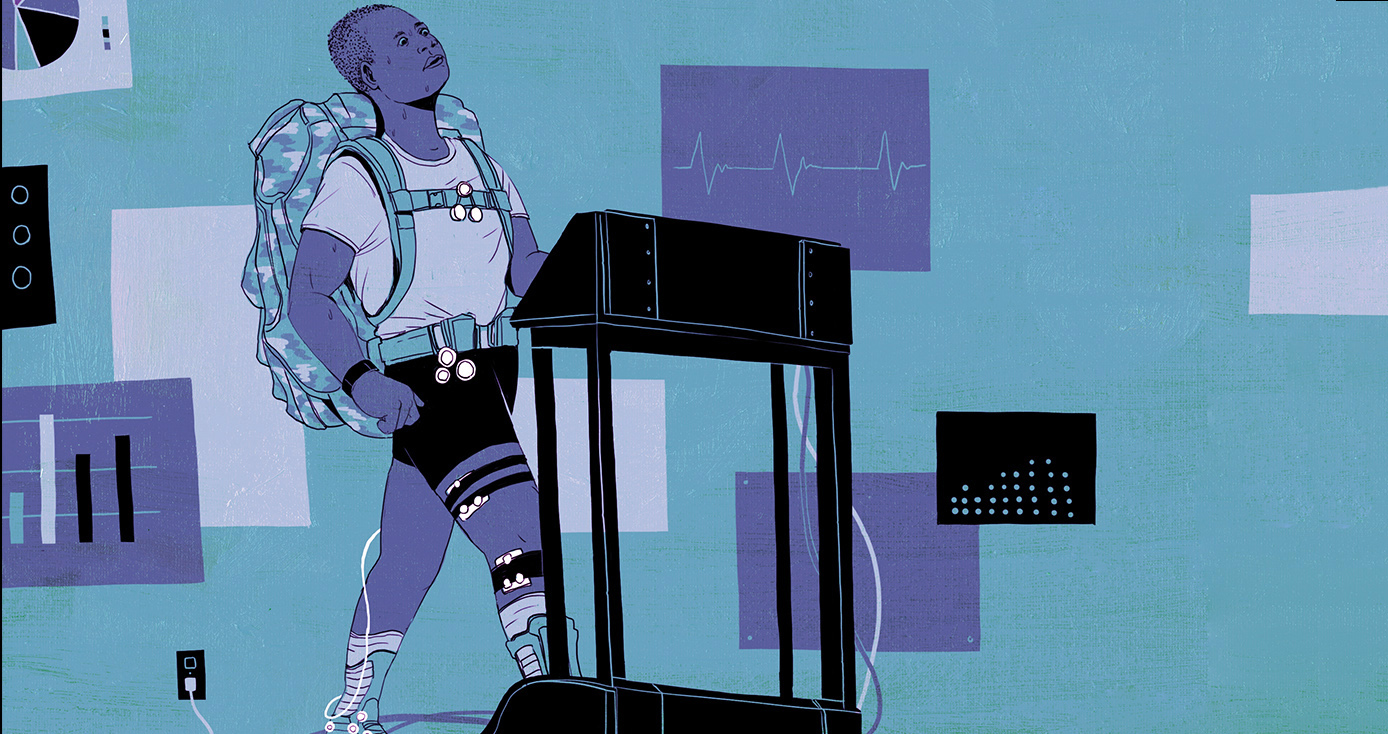 Military personnel on a treadmill with an impossibly large backpack.