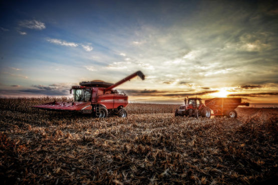 Farming equipment in the sunrise.