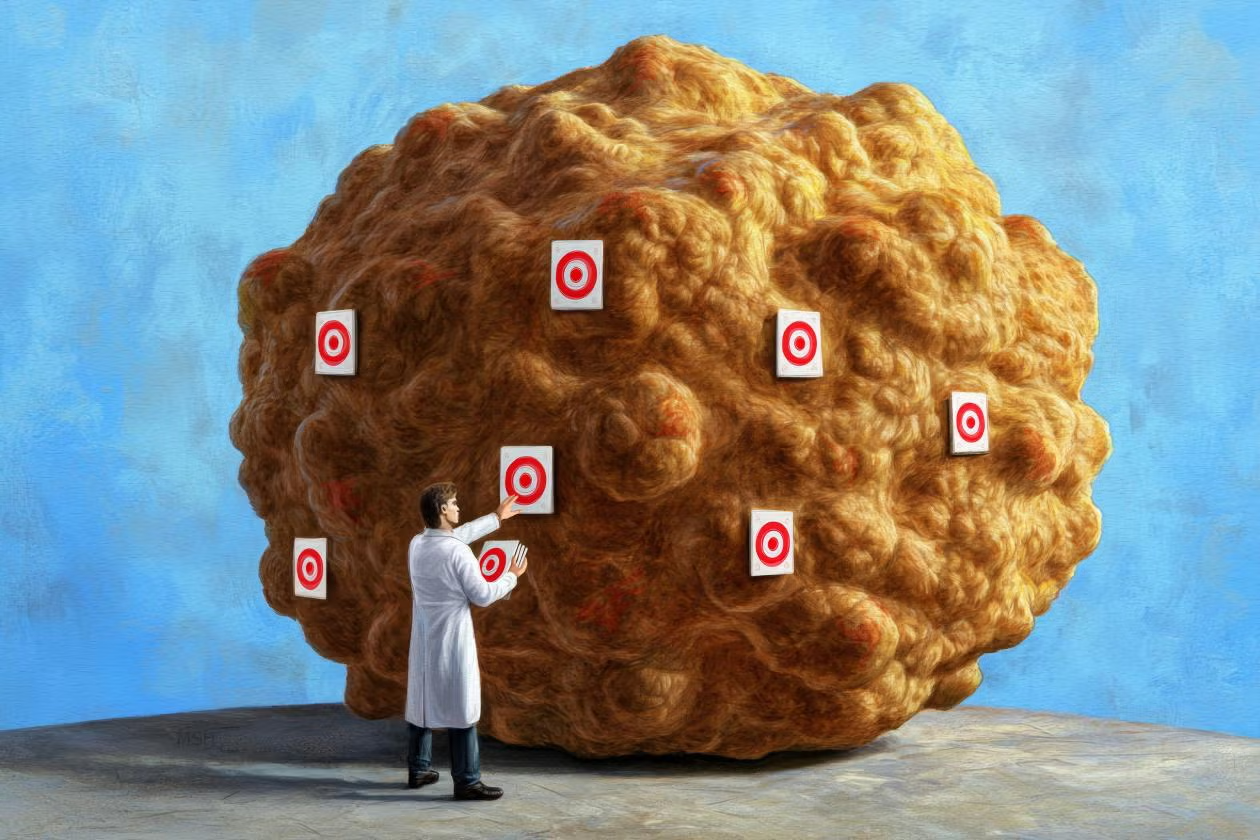 AI-generated image of a tumor covered in paper targets