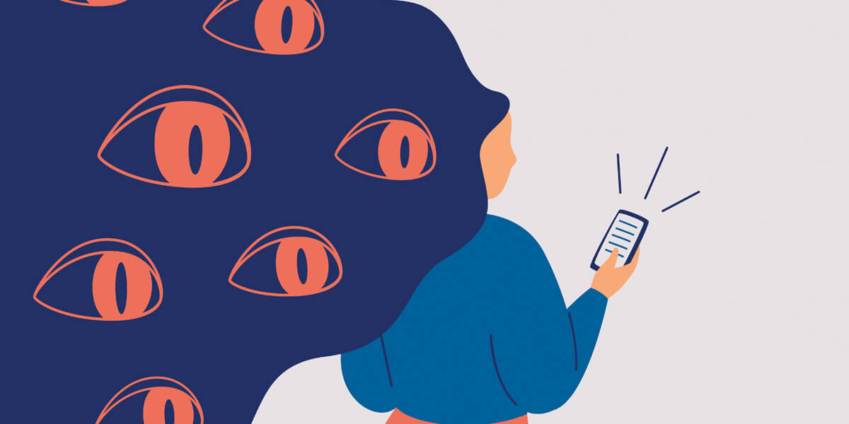 Phone user with eyes looking on