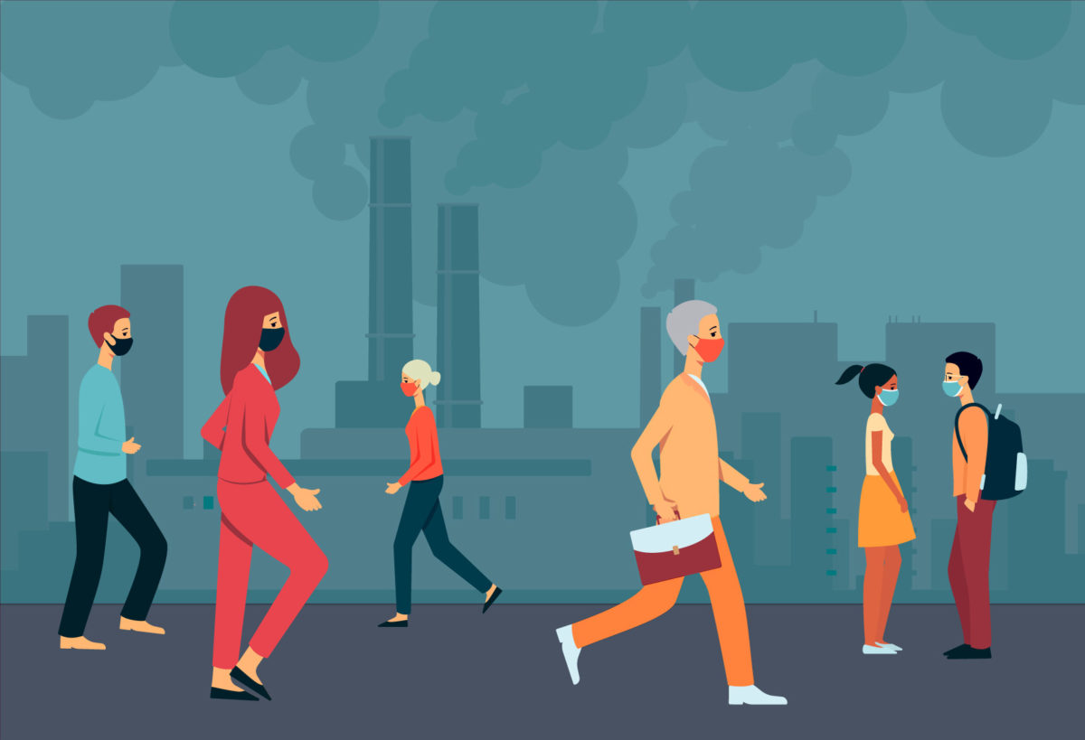 Illustration of people walking in facemasks.