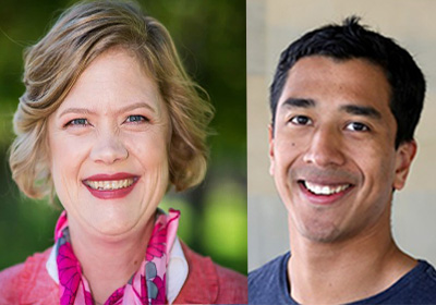 Headshot of a woman in a pink shirt and a man in a blue shirt.