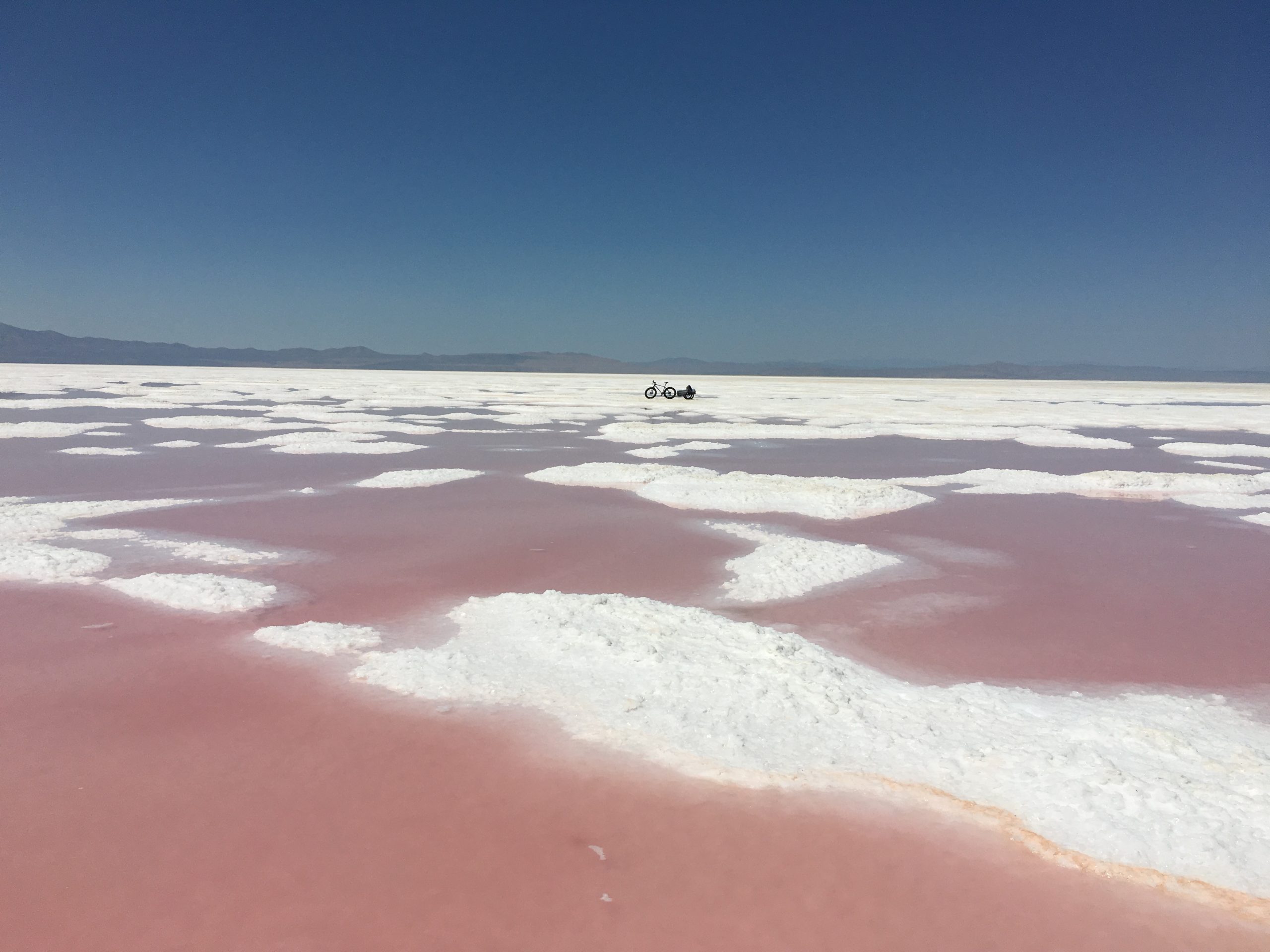 The researchers bike and trailer on the salt crust of the northwest playa.