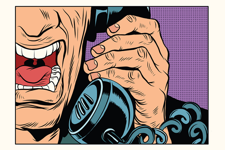 Angry person uses telephone