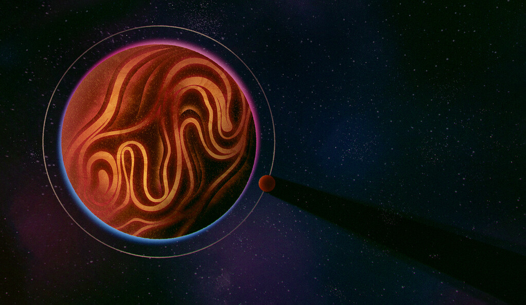 An artist’s impression of the planet 55 Cnc e (smaller, dark orange circle) blocking the light from its rotating host star. (Maggie Chiang/Simons Foundation)