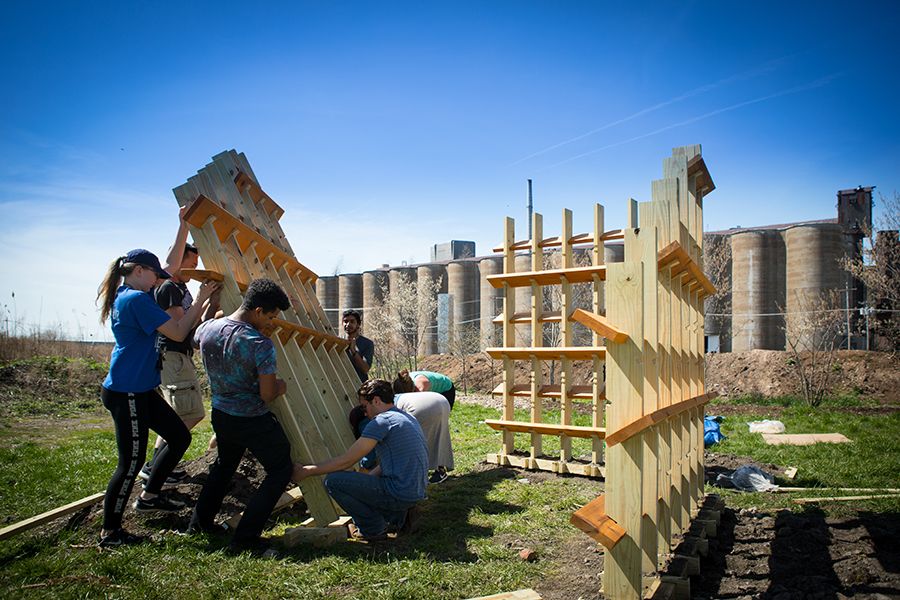 Most of the groups pre-fabricated the lumber for their structures in the School of Architecture and Planning's Fab Lab and then trucked the wood to Silo City, where the pieces could then be put together.