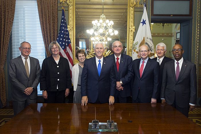 Several AAU university Presidents joined AAU President Mary Sue Coleman in a July 31, 2017 meeting with Vice President Mike Pence to discuss the value of university research. From left to right: Massachusetts Institute of Technology President Rafael Reif, Harvard University President Drew Gilpin Faust, AAU President Mary Sue Coleman, Vice President Mike Pence, Indiana University President Michael McRobbie, Rice University President David Leebron, University of California, Los Angeles Chancellor Gene Block, and The Ohio State University President Michael Drake.