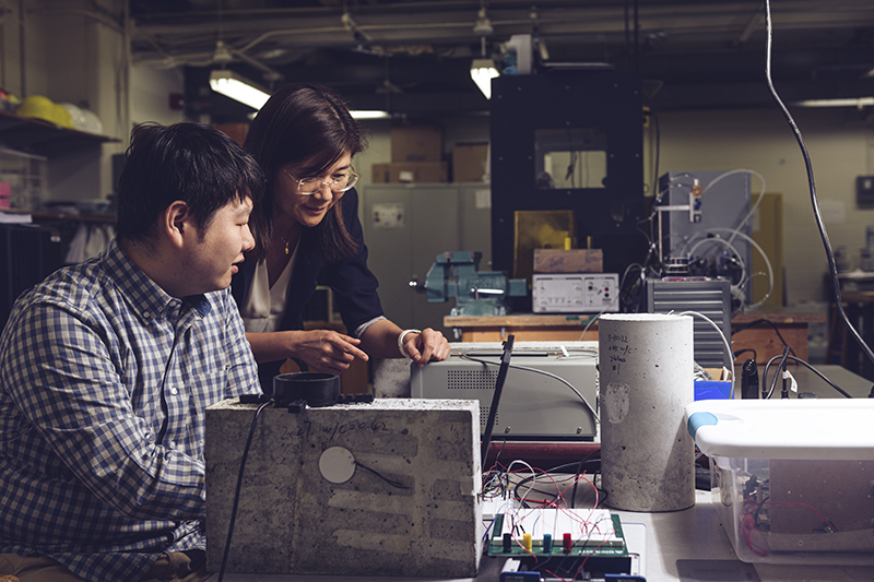 "‘Talking’ concrete could help prevent traffic jams and cut carbon emissions; Luna Lu’s lab is focused not just on making roads stronger and safer but also on helping the environment. (Purdue University photo/Rebecca McElhoe)"