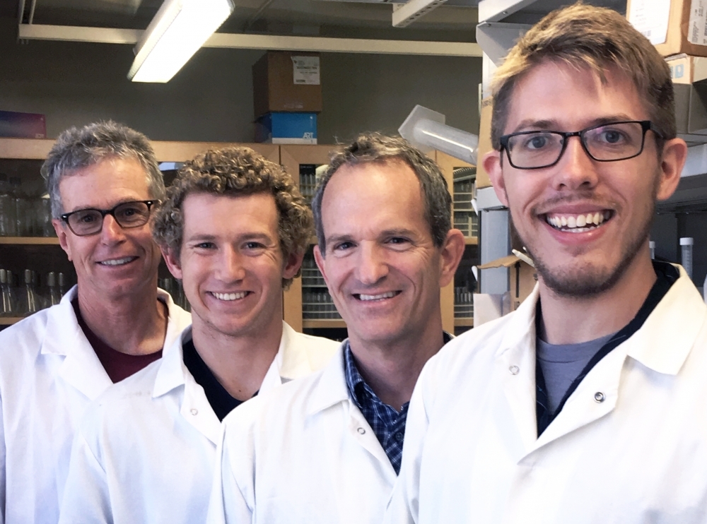 "New test reveals existing antibiotics, hiding in plain sight on pharmacy shelves, can cure superbugs; From left to right, Michael Mahan, Scott Mahan, Douglas Heithoff and Lucien Barnes"