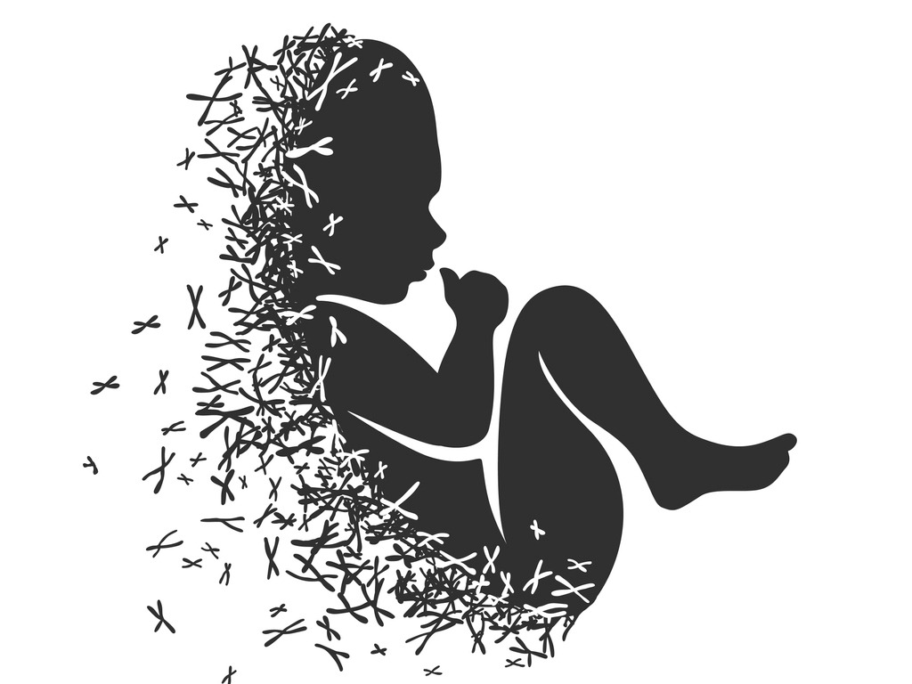 Baby Fetus hologram on dark blue background; Illustration of a newborn silhouette fading and disintegrating into X & y chromosomes