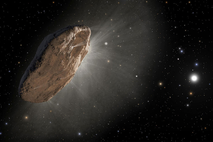Surprisingly Simple Explanation for Alien Comet ‘Oumuamua’s Weird Orbit; Photo: An artist’s depiction of the interstellar comet ‘Oumuamua, as it warmed up in its approach to the sun and outgassed hydrogen (white mist), which slightly altered its orbit