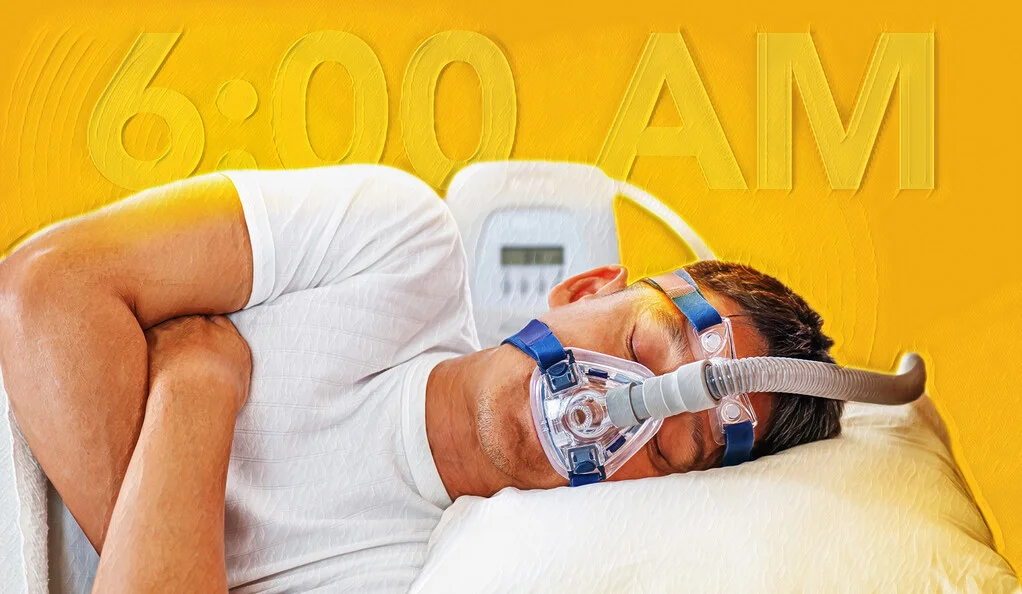 ‘Early birds’ use CPAP machines longer, reaping greater health benefits; Picture: a man sleepingonhis side with a CPAP machine on