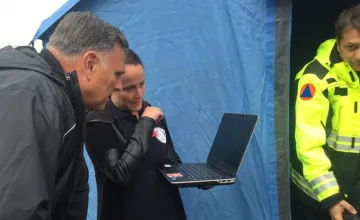 During a 2018 NATO consequence management field exercise, Stephanie Foster briefed then-Department of Homeland Security Science and Technology Directorate Under Secretary (Acting) William Bryan on NICS as he observes its use in water-rescue operations conducted by teams in the Western Balkans.
