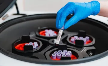 A test tube with blood tests is placed in a centrifuge by a hand in a blue rubber glove