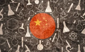 Flag of China surrounded by symbols depicting scientific tools. 