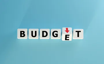 Blocks reading "budget" with the letter E turning over with a red down arrow. 