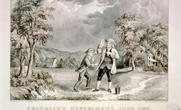A historic painting depicting Benjamin Franklin's kite experiment.