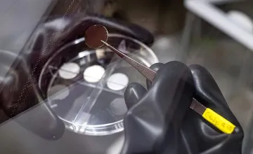 Rice University graduate student Gladys López-Silva holds a lithium metal anode with a film of carbon nanotubes.