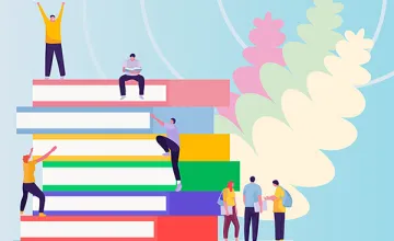 People standing on books