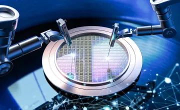 rendering of robotic arms with silicon wafers for semiconductor manufacturing