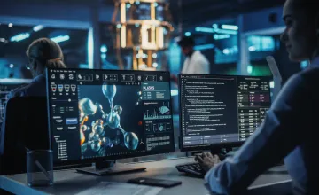 Female chemist in a laboratory looking a molecular modelling software on a computer