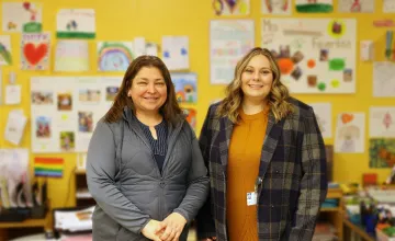 Patricia Fabian (left), a BU School of Public Health environmental health researcher, with Katherine Walsh, who leads Boston Public Schools’ sustainability efforts
