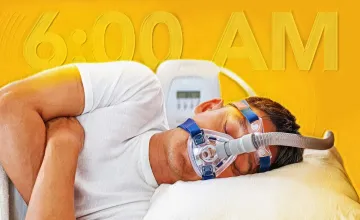‘Early birds’ use CPAP machines longer, reaping greater health benefits; Picture: a man sleepingonhis side with a CPAP machine on