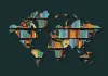 world map made out of books