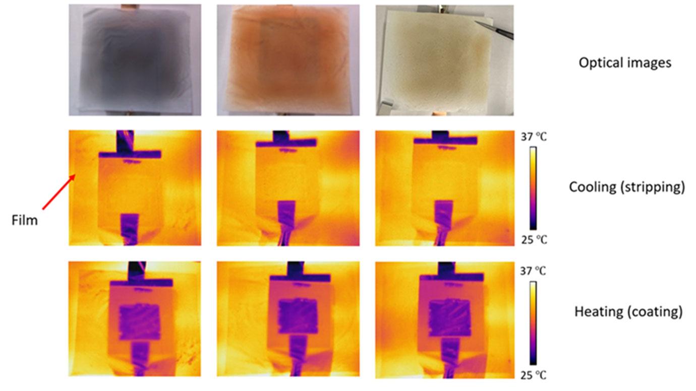 "Energy-saving material can cool or heat buildings; The material contains a layer that can take on two conformations: solid copper that retains most infrared heat, which helps keep the building warm, or a watery solution that emits infrared, which can help cool the building. (Image courtesy of Hsu Group)"