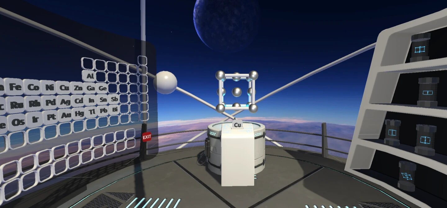 "Chemistry Students Take a Virtual Dive Into Materials; The interface for the virtual reality software, in this case showing the periodic table and the copper crystal structure. (Image courtesy of the DALI Lab)"