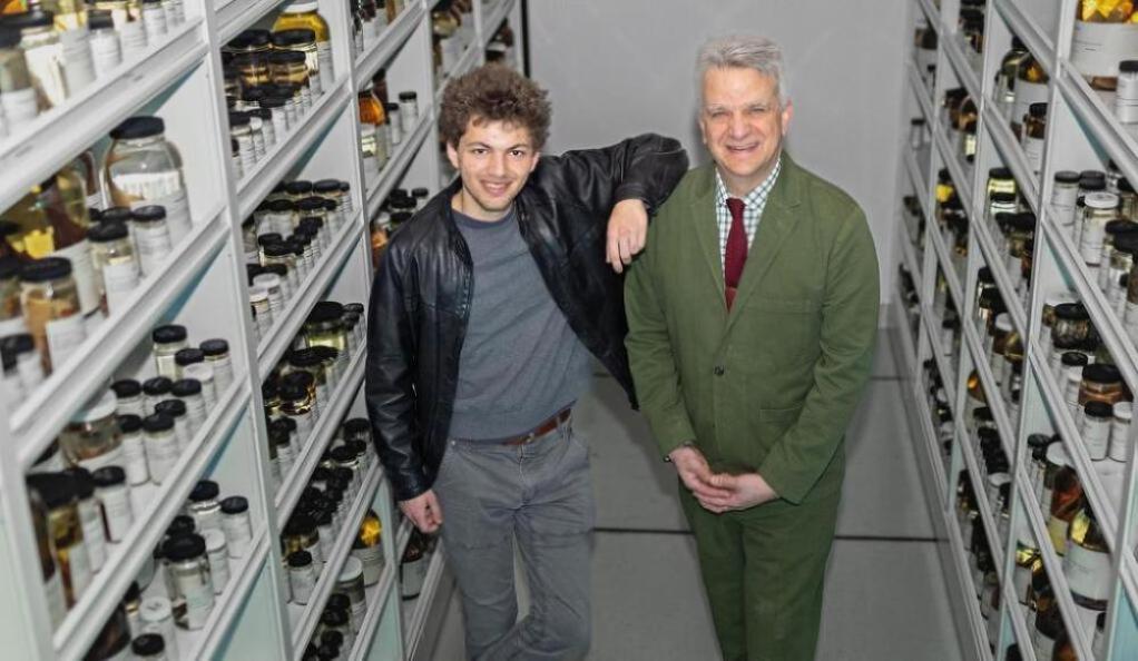 "Working with faculty mentor, undergrad unlocks secrets of ‘living fossils’; Chase Brownstein, a senior in Yale College, and Thomas Near, professor of ecology and evolutionary biology, have collaborated on a series of peer-reviewed studies that use materials from the fossil record and genomic data to better understand the evolutionary history of several fish species. (Photo by Dan Renzetti)"