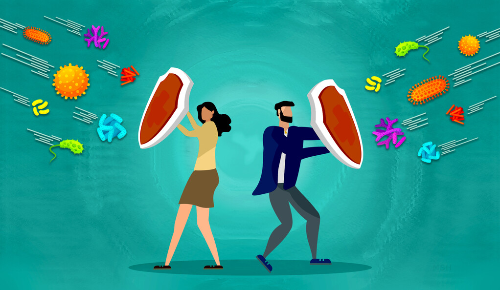 Does COVID Change the Body’s Response to Other Threats? Depends on Your Sex; ilustration of man and woman using shields to block germs.