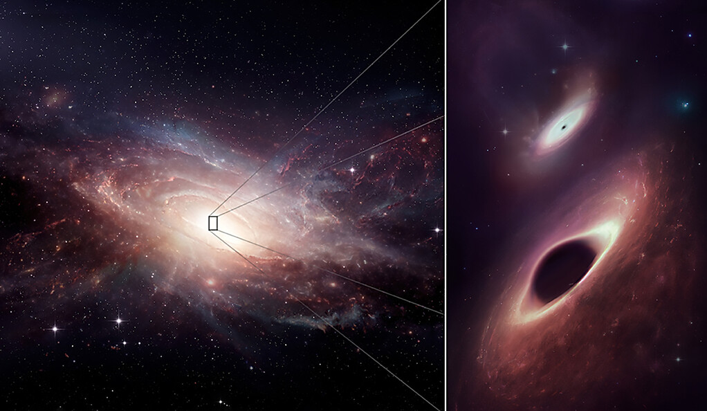Setting the Table for a Pair of Hungry Black Holes; An artist’s conception shows the late-stage merger of two galaxies known together as UGC 4211 and its two central black holes