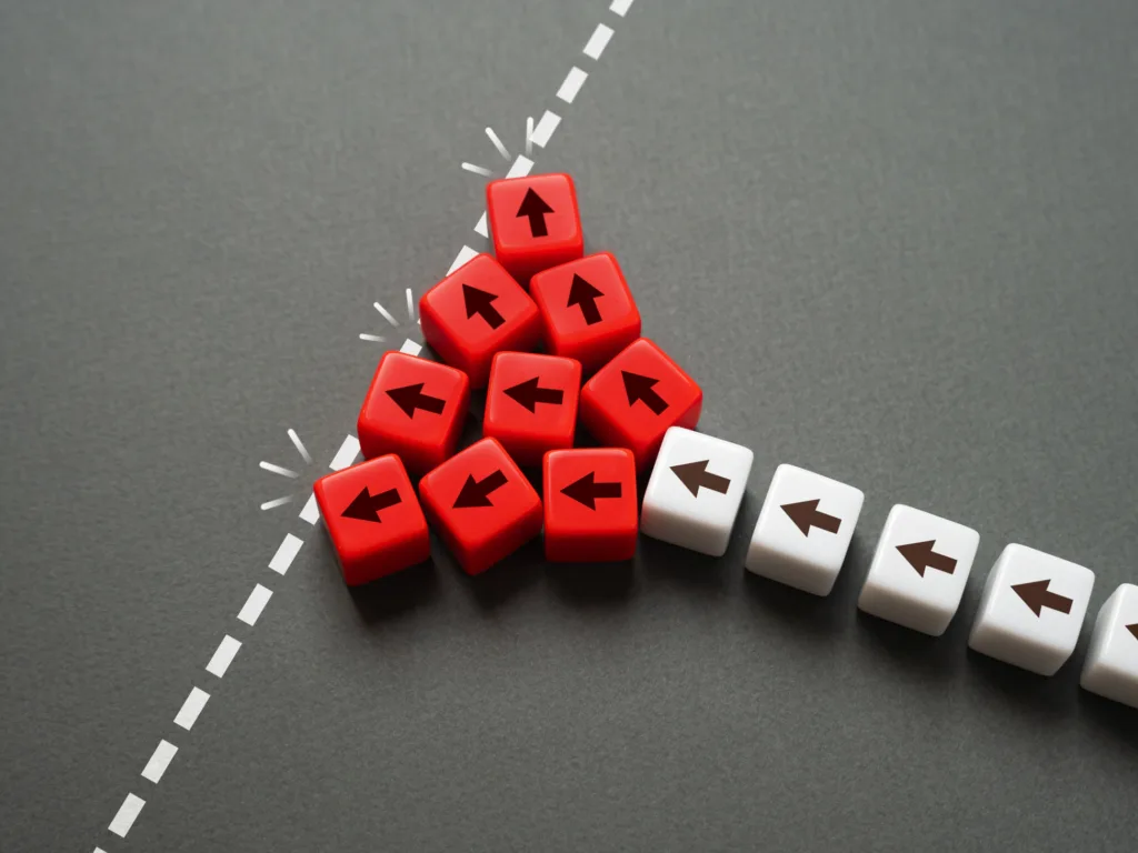 Many game pieces point their arrows in one direction, coming up against a boundary that won't allow them to pass.
