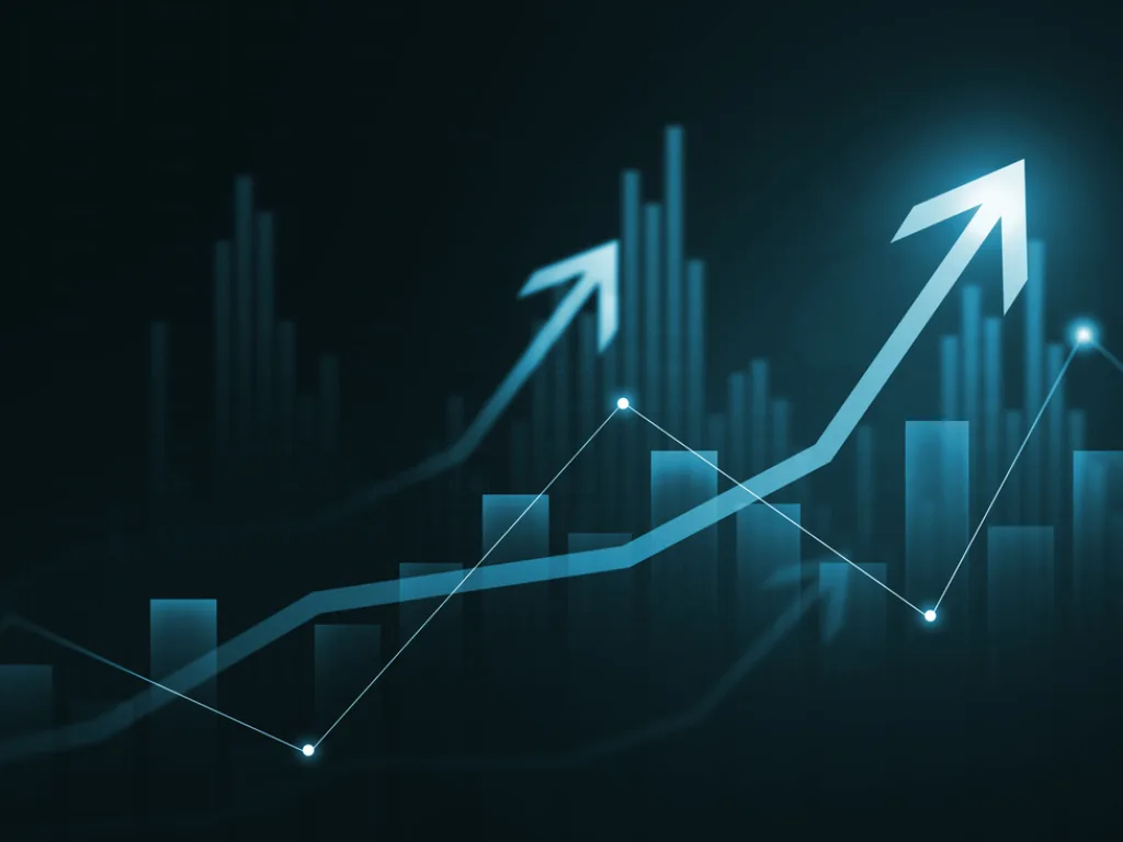 Green arrows and graphs moving upward, showing economic growth.